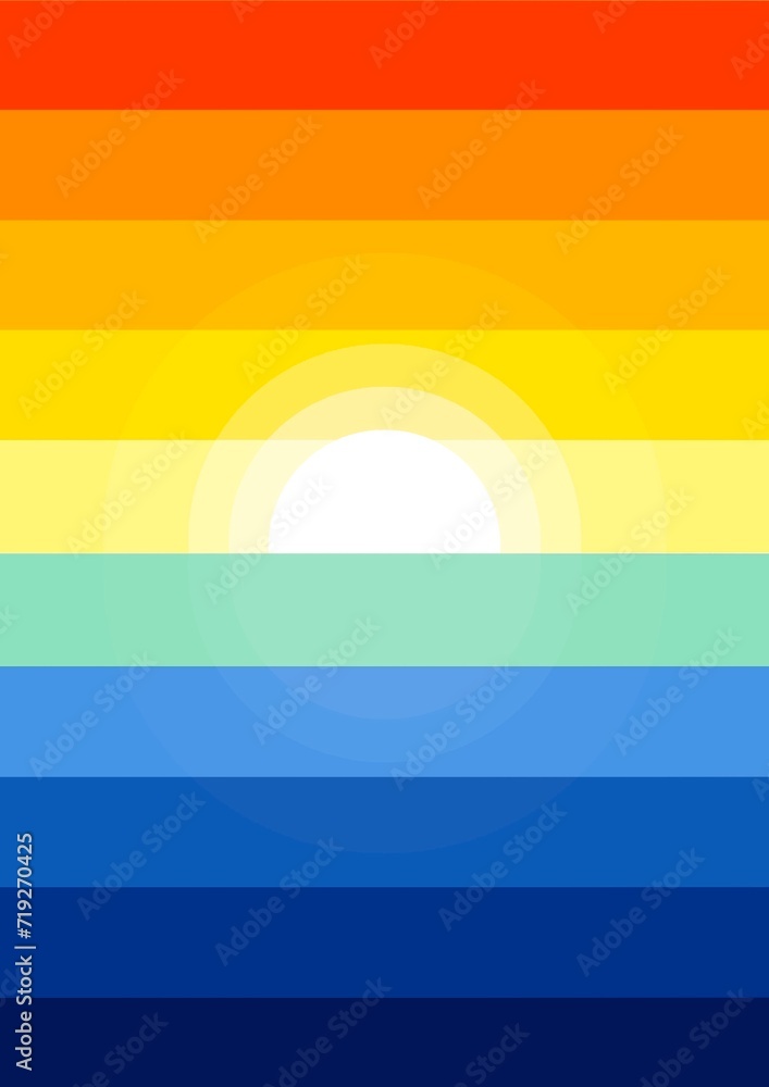A sunset over the ocean, with a rainbow-colored sky and ocean in the background