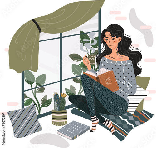 Young woman enjoying reading book, cozy indoor scene with plants and tea. Peaceful reading time, female character in comfy home environment.