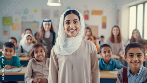 cadid shot of smiling male teacher in a class at elementary school looking at camera with learning smiling students on background photo