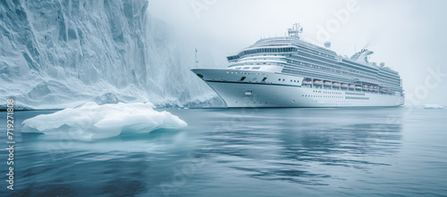 Cruise Ship in the Arctic Ocean with Icebergs and Mountains Seascape with Ice Glaciers Wallpaper Background Poster Illustration Digital Art Cover Card © Korea Saii
