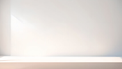 Minimalistic simple light pearl background for product presentation. Incident light from the window on the wall and floor.