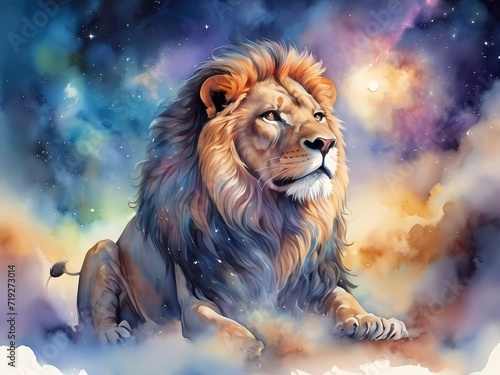 Fantasy illustration, very detailed watercolor, lion, highly detailed, high quality cosmic colors with surreal precision, zoom, full body, echoing the atmospheric atmosphere high quality image 