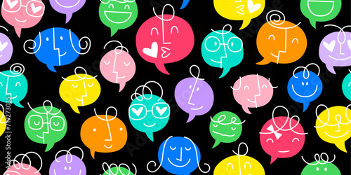 colorful chat bubble seamless pattern Vector illustration. Multi color rainbow cartoon text balloon in groovy children doodle style. Friendly team work or group conversation background concept.