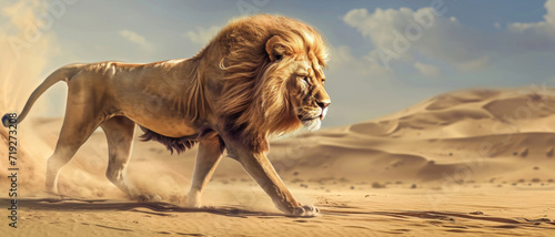 A regal lion strides powerfully across the desert, his mane billowing, the embodiment of wild majesty and untamed nature