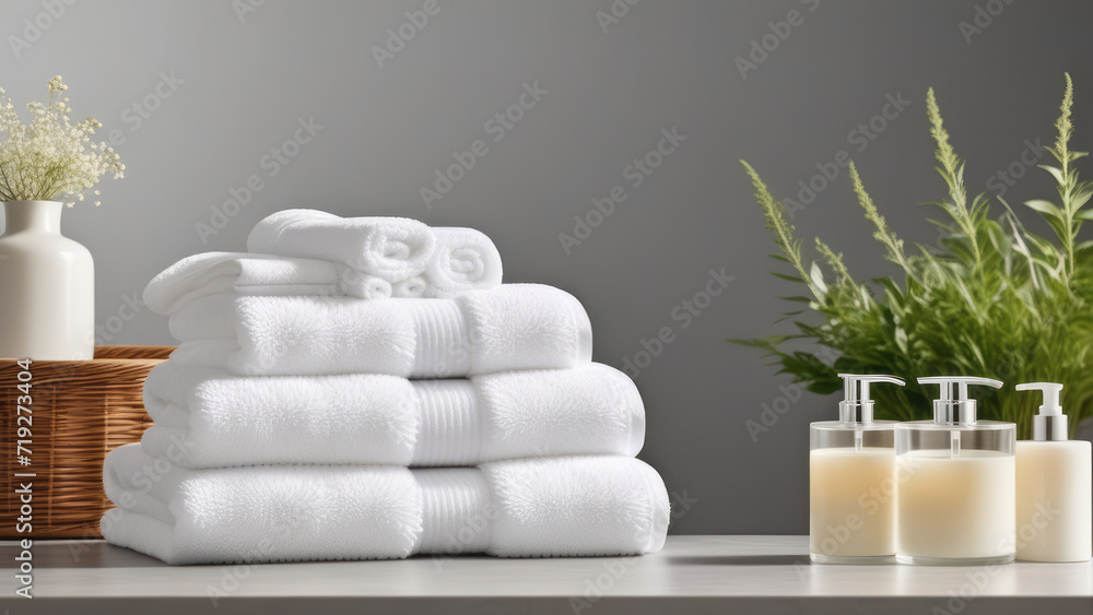 Create an inviting elegance with soft lighting, emphasizing the elegance of towels and beauty treatments, Towel with herbal bag and beauty treatments, candles, essential oils Create an inviting elegance with soft lighting, emphasizing the elegance of towels and beauty treatments, Towel with herbal bag and beauty treatments, candles, essential oils