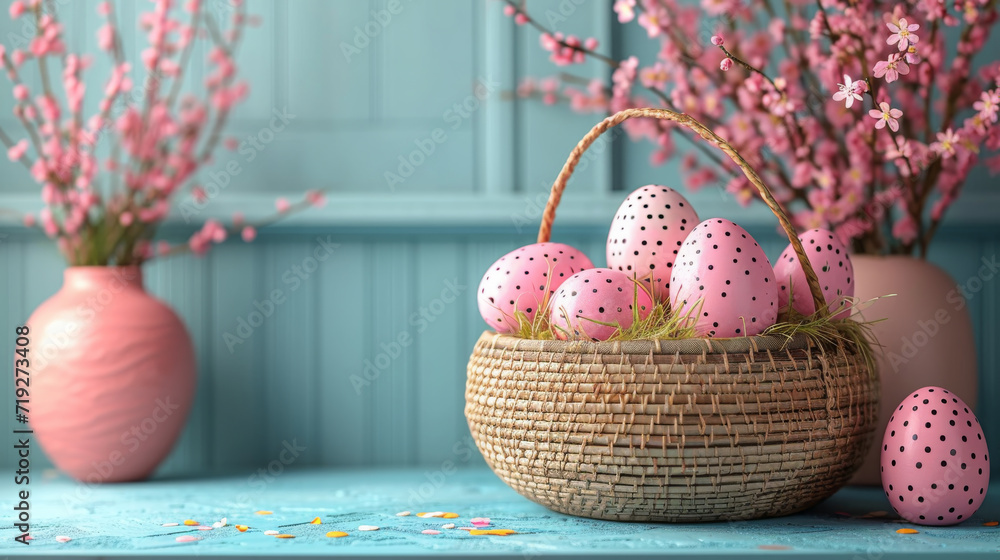 Cozy Easter Composition with Dotted Pink Eggs and Blooming Branches Indoors Cozy Easter Composition with Dotted Pink Eggs and Blooming Branches Indoors