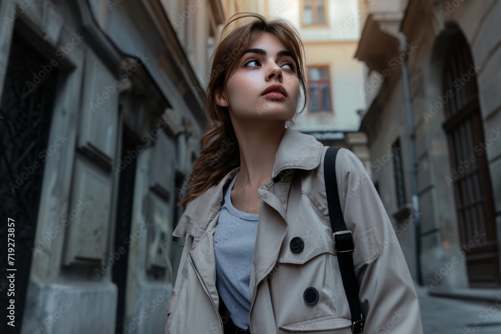 Fototapeta premium A fashion-forward girl embraces casual yet trendy street style, showcasing a blend of comfort and fashion on the city streets.