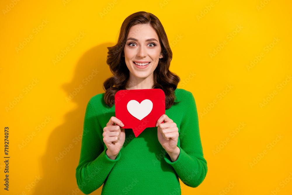 Photo of cheerful adorable cute woman dressed green stylish clothes demonstrate red card isolated on yellow color background Photo of cheerful adorable cute woman dressed green stylish clothes demonstrate red card isolated on yellow color background