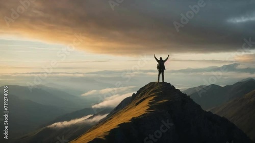 silhouette of a person on top of a mountain with arms stretched to the sky photo