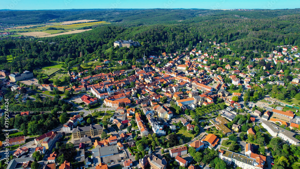 Aerial view around the old town Blankenburg in Germany on a cloudy day in summer
