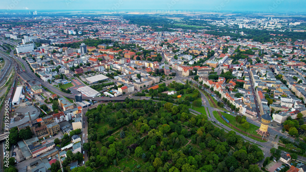 Aerial view around the old town Halle an Der Saal in Germany on a cloudy day in summer