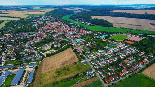 Aerial view around the old town Nebra in Germany on a cloudy day in summer