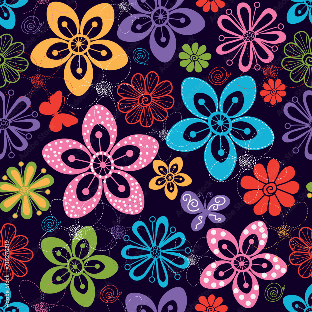 Vector seamless colorful floral pattern with flowers and butterflies in doodle style on a dark background