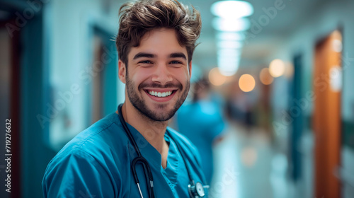 Jóvenes enfermeras o médicos sonriendo en el pasillo del hospital
 photo