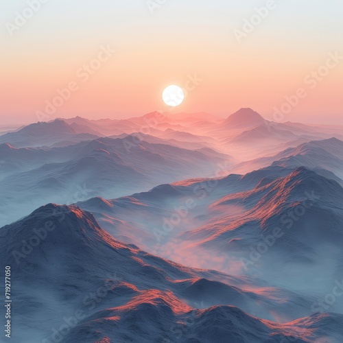 Sunrise Over Mountainous Landscape Mist 3D, 3d illustration