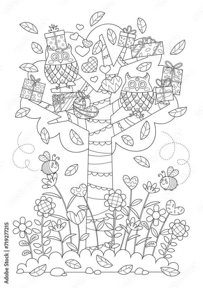 Coloring pages for adults for relaxation and mindfulness practice. Valentine's day coloring page for adult, teenager, and kids. Two owls in love on the tree with a lot of flowers.
