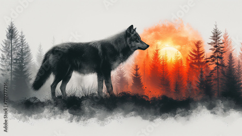 Wolf in double exposure of forest mountains silhouette.