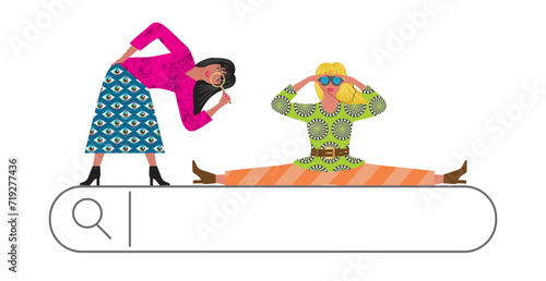 Search and find opportunity. Colorful SEO girls with magnifying glass and binoculars above search field. Isolated. Vector illustration.