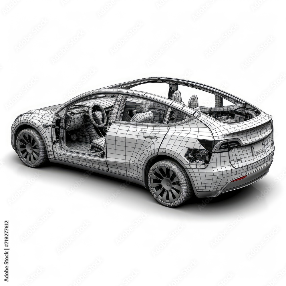 Fototapeta premium Technical Drawing Electric Car Equipped Wheel, 3d illustration
