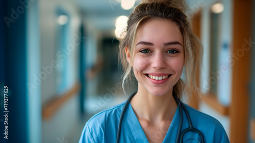 Jóvenes enfermeras o médicos sonriendo en el pasillo del hospital 