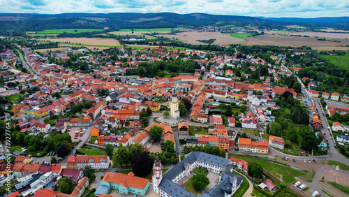 Aerial view around the old town Meiningen in Germany on a cloudy day in summer