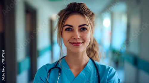 Jóvenes enfermeras o médicos sonriendo en el pasillo del hospital 