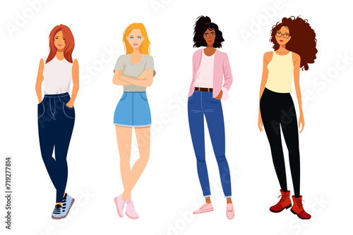 Vector illustration of young women of different races and different clothes. Female students in modern, comfortable clothes: skirts, jeans, T-shirts, jackets. Set of people for design, poster, banner.