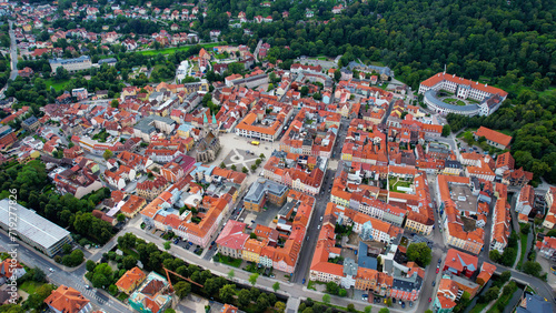 Aerial view around the old town Meiningen in Germany on a cloudy day in summer