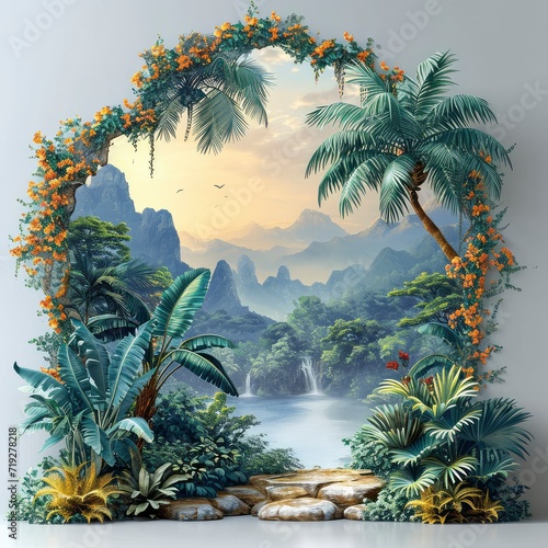 Tropical Trees Leaves Digital Printing Wallpaper, 3d illustration