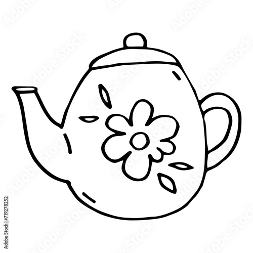 Black and white vector illustration of teapot in doodle style