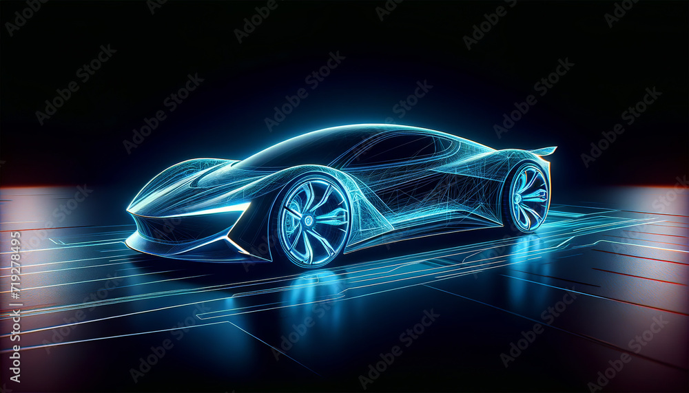 Futuristic concept of a sports car in wireframe design with neon blue lights on a dark background with illuminated lines.Futuristic technology concept. AI generated.	
