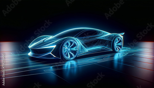 Futuristic concept of a sports car in wireframe design with neon blue lights on a dark background with illuminated lines.Futuristic technology concept. AI generated.   © Czintos Ödön