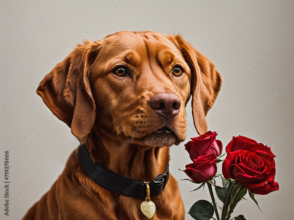 Charming red-haired vizsla dog sitting next to a vase of red roses on a white background. Gift for Valentine's Day. Generative AI