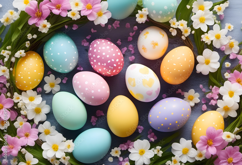 Colorful Easter eggs decorated with patterns and surrounded by spring flowers on a pastel background.