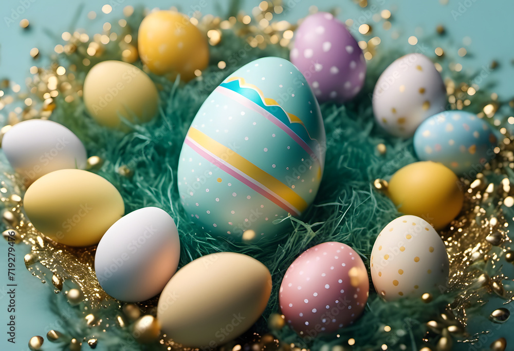Colorful Easter eggs nestled in decorative grass with a festive background, suitable for a spring holiday theme.