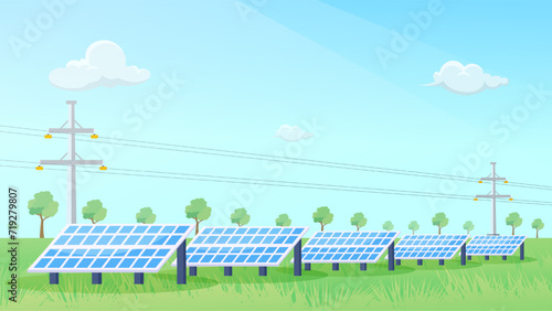 Solar energy farm in the middle of a green field on sunny day for electricity and power supply.Innovation,Technology, Environmental friendly energy.