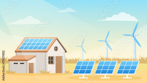 Solar panels and wind turbines installed as renewable station an energy sources for electricity and power supply.Innovation,Green Energy Source. Alternative Renewable Energy. 