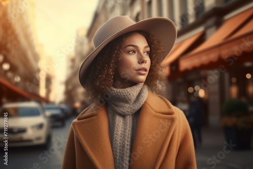 Fashionable young curly lady modeling on street. Modish pretty woman in causal outerwear. Generate ai © nsit0108
