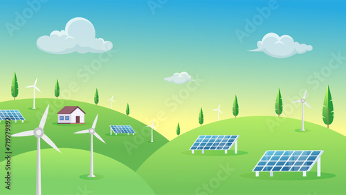 Solar panels and wind turbines installed as renewable station an energy sources for electricity and power supply.Innovation,Green Energy Source. Alternative Renewable Energy. 