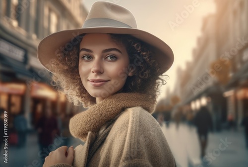 Fashionable young curly woman with hat posing on urban street. Feminine fashion modeling headwear and outerwear. Generate ai © nsit0108