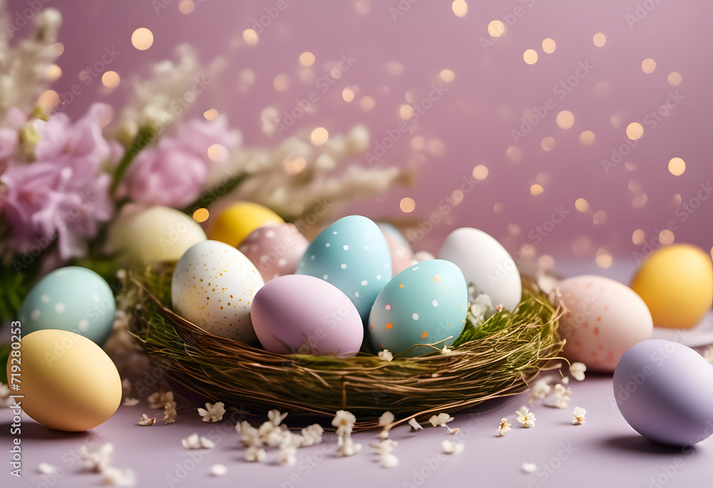 Colorful Easter eggs in a nest with flowers and sparkling background.