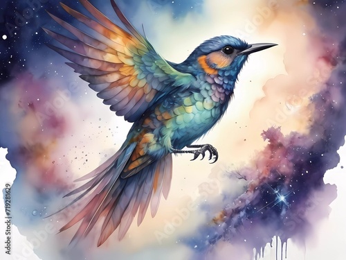 Fantasy illustration, very detailed watercolor, bird, highly detailed, high quality cosmic colors with surreal precision, zoom, full body, echoing the atmospheric atmosphere 