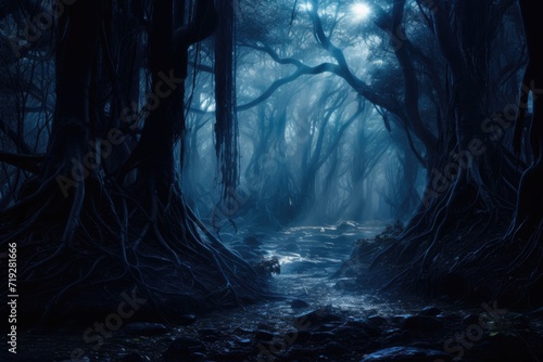 Fantasy dark forest with a river flowing in it, fantasy design illustration photo