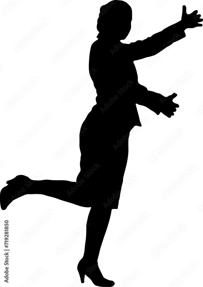 Silhouette of a working woman standing with legs and arms raised.