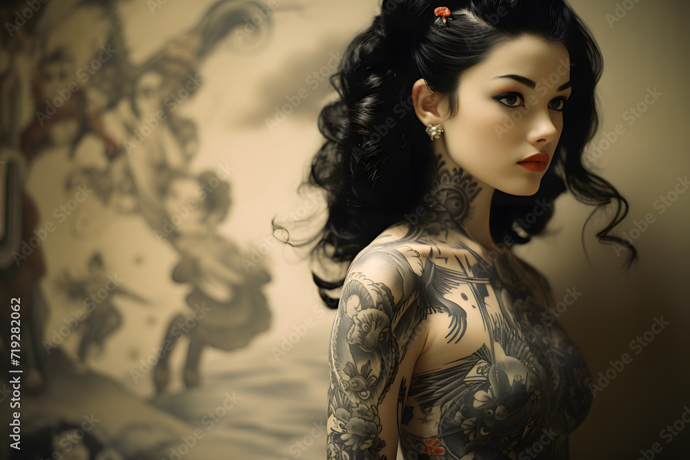 Fototapeta premium japenese geisha with tattoos