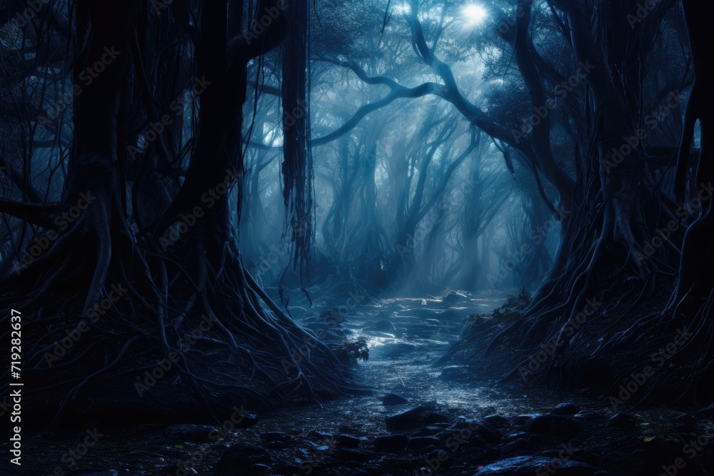 Fantasy dark forest with a river flowing in it, fantasy design illustration - obrazy, fototapety, plakaty 