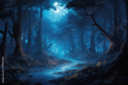 Fantasy dark forest with a river flowing in it, fantasy design illustration © MrHamster
