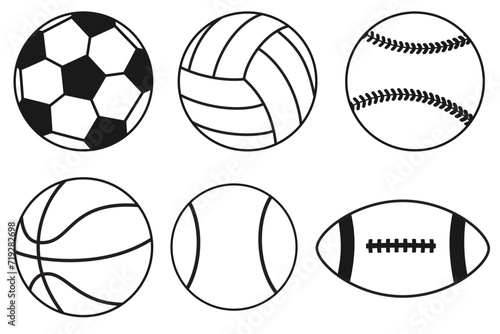 Set of sport balls icon vector illustration, black line art