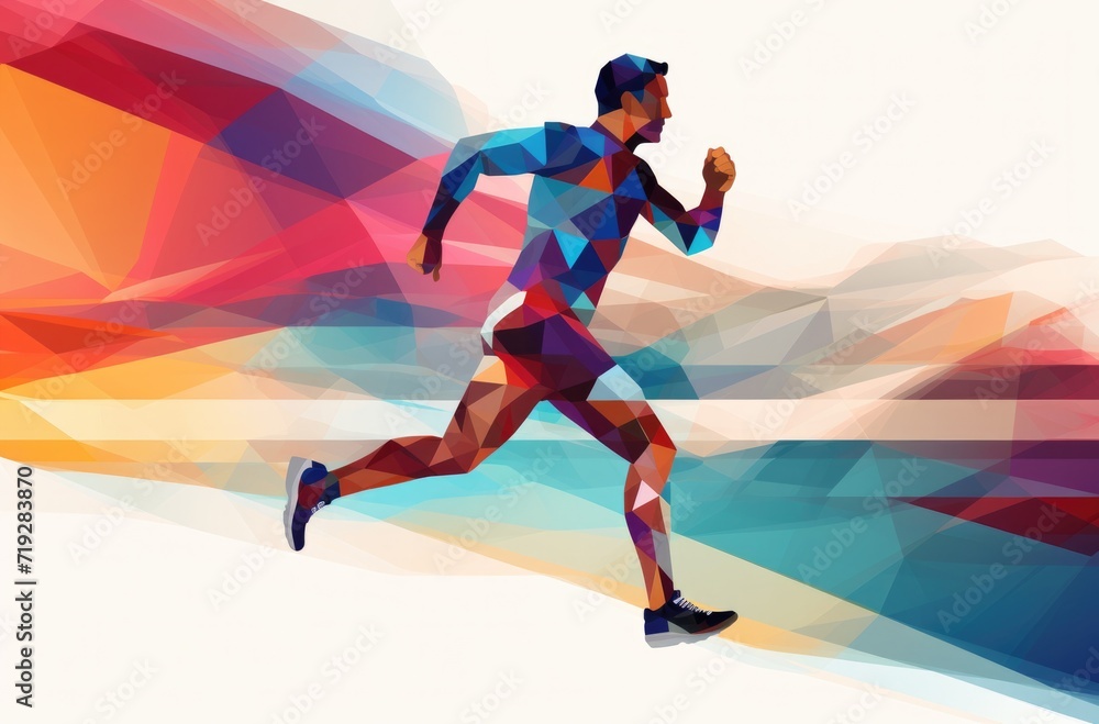 a colored abstract image of a man running, in the style of geometric, iconic imagery