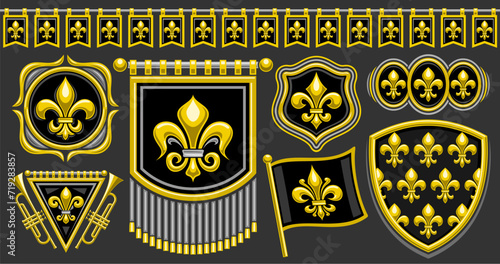 Vector Fleur de Lis set, horizontal banner with collection of isolated illustrations of various black and yellow fleur de lis flourishes, seamless bunting, group of vintage decorative design elements photo